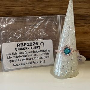 Size 9 Ocean Blue Topaz and Rose Gold Bomb Party Snow Queen Ring